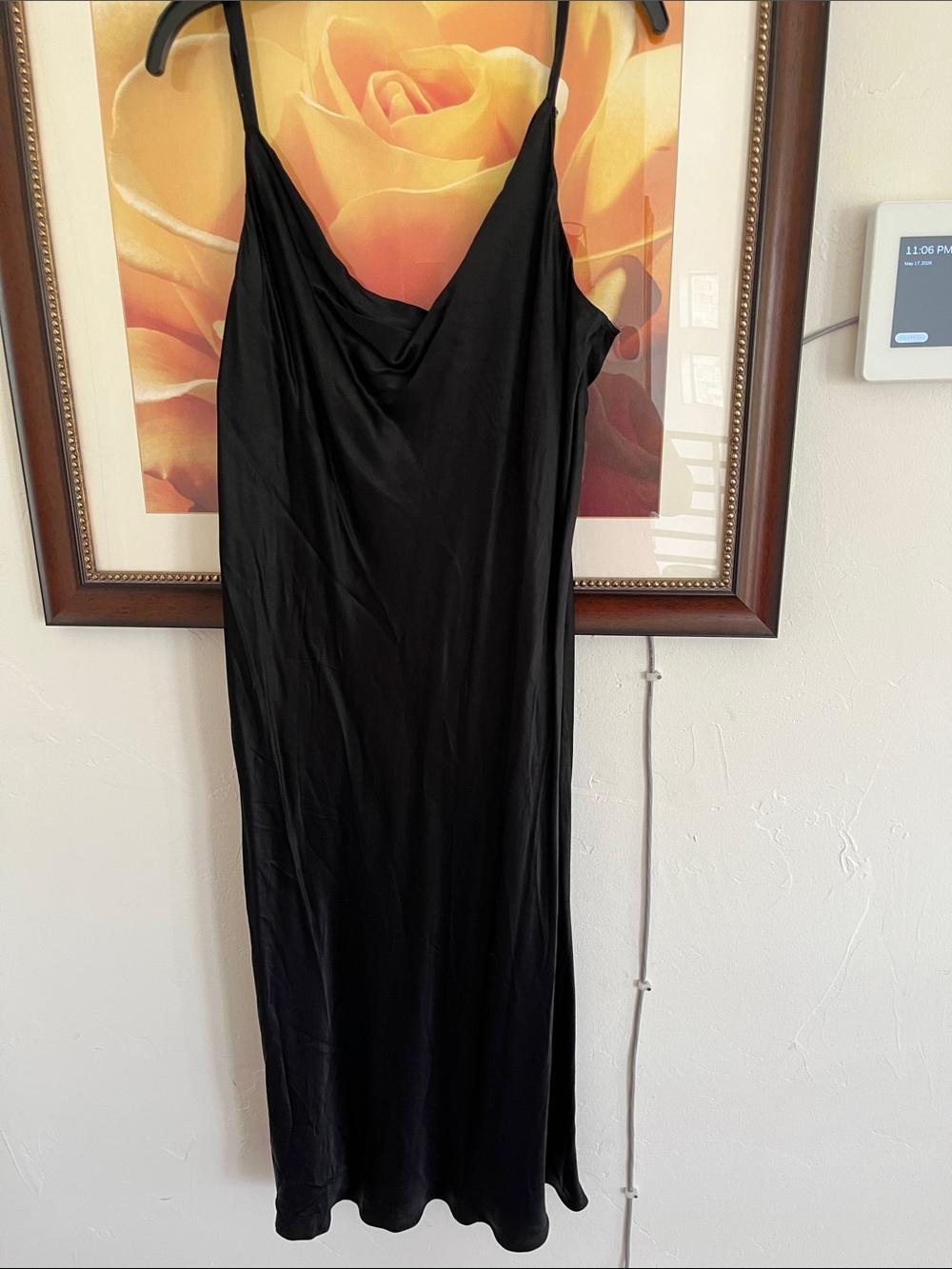 Black Satin Cowl Neck Slip Dress with Spaghetti Straps